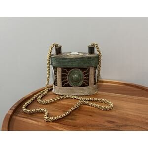 Mary Frances Vintage Paper Mâché Box Purse-Earthy Green +Gold -Byzantine Handbag